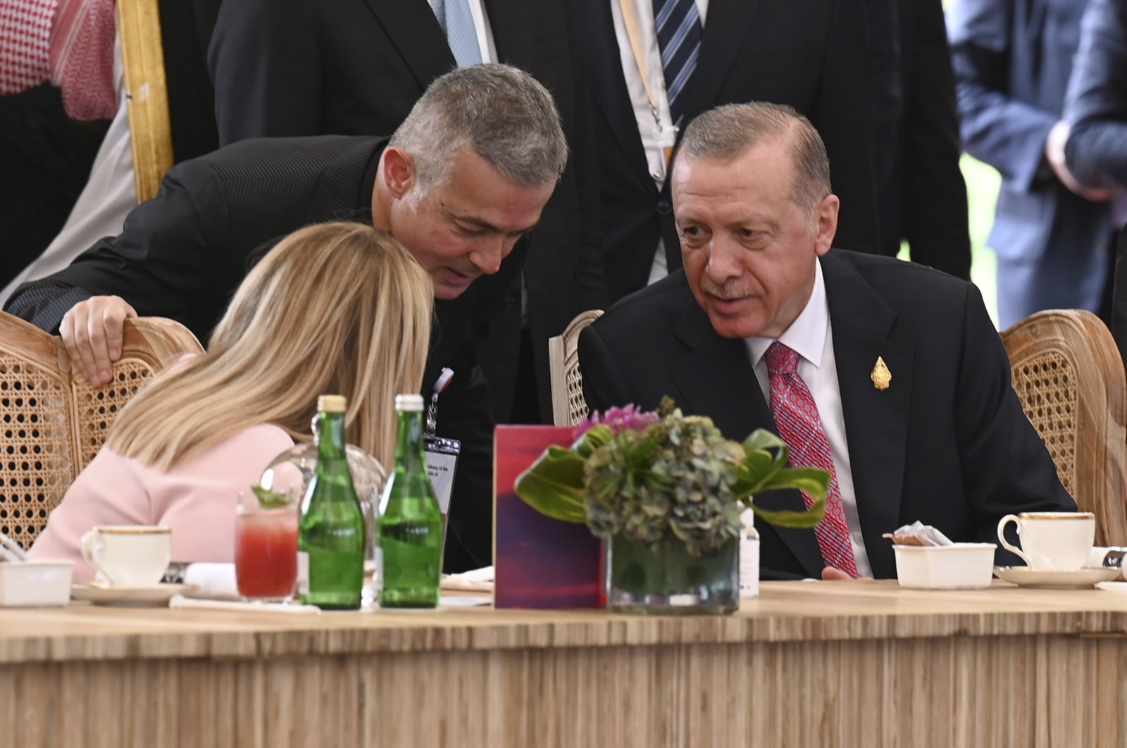 President Recep Tayyip Erdoğan speaks with Italian Prime Minister Giorgia Meloni (L) during their lunch meeting as part of the G-20 Leaders&#039; Summit in Bali, Indonesia, Nov. 15, 2022. (EPA Photo)