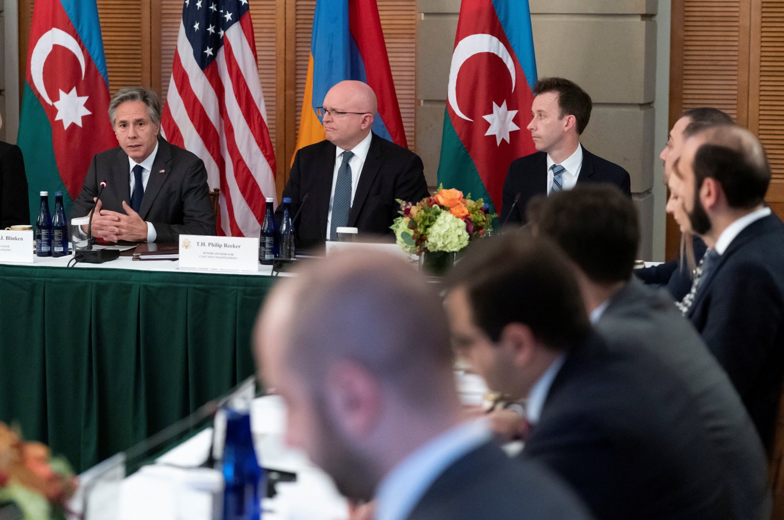 U.S. Secretary of State Antony Blinken (L) speaks during a meeting with Azerbaijan’s Foreign Minister Jeyhun Bayramov and Armenia&#039;s Foreign Minister Ararat Mirzoyan at Blair House, Washington, U.S., Nov. 7, 2022 (Reuters Photo)