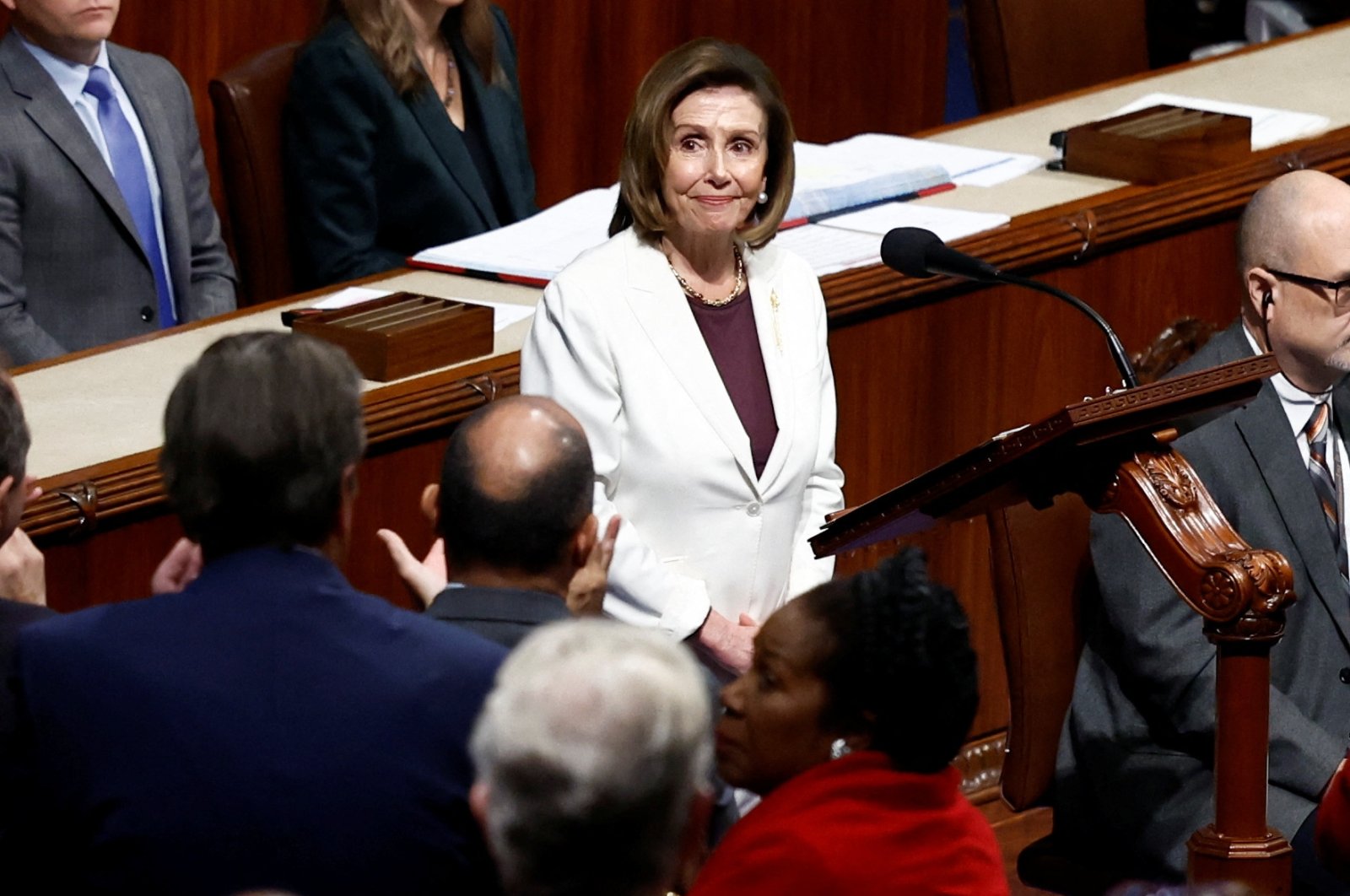 U.S. House Speaker Nancy Pelosi of California listens to applause from her House colleagues after she announced that she will remain in Congress but will not run for re-election as Speaker of the House, at the Capitol in Washington, U.S., Nov. 17, 2022. (Reuters Photo)
