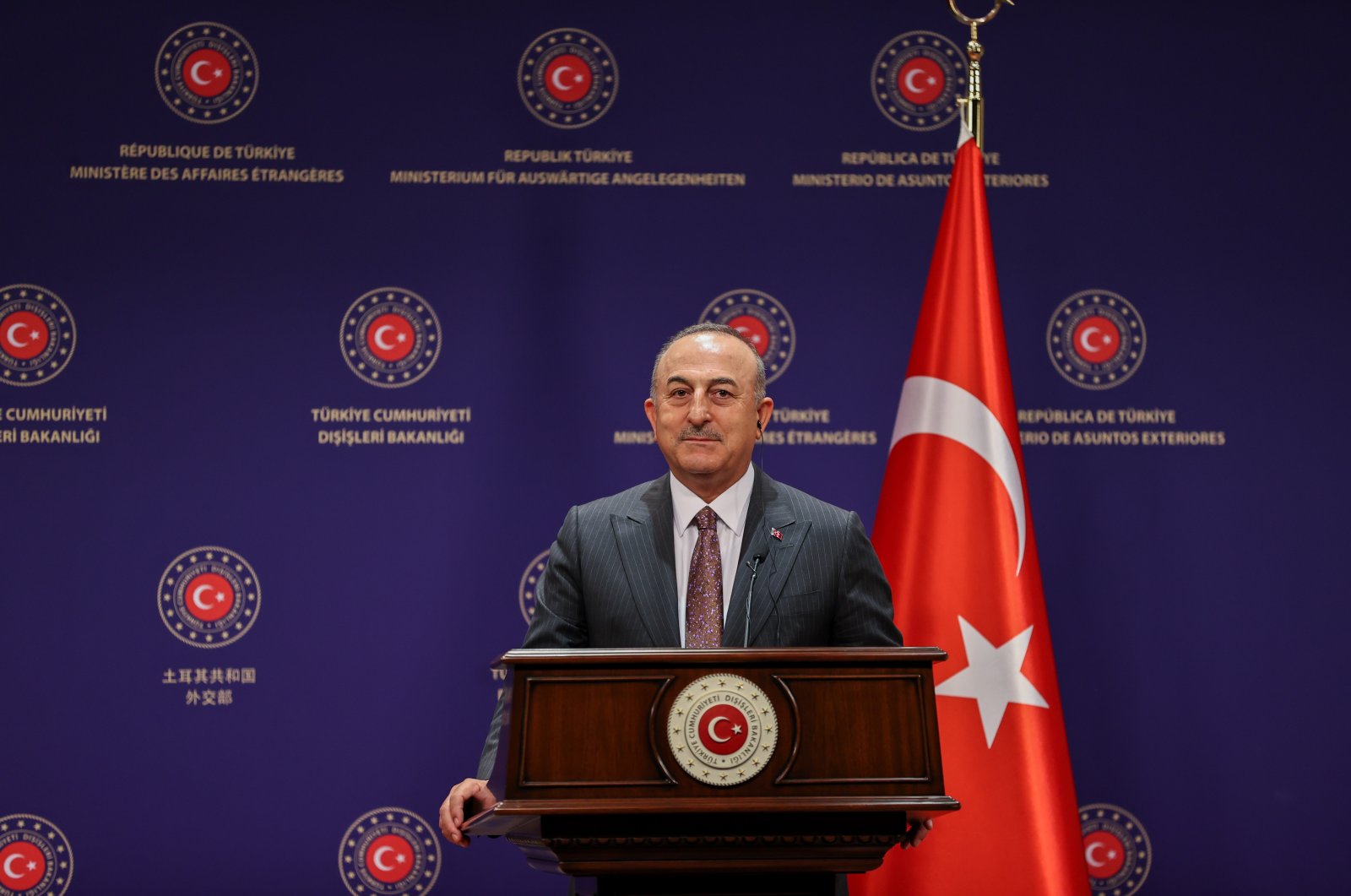Foreign Minister Mevlüt Çavuşoğlu speaks at a joint news conference with Mexican FM Marcelo Ebrard in Ankara, Türkiye, Nov. 17, 2022. (AA Photo)