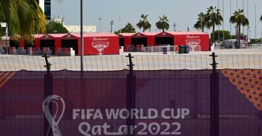 Budweiser beer kiosks are pictured at the Khalifa International Stadium, Doha, Qatar, Nov. 18, 2022. (AFP Photo)