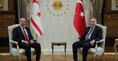President Recep Tayyip Erdoğan meets with Turkish Cyprus President Ersin Tatar in Ankara, Türkiye, April 24, 2021. (AA File Photo)