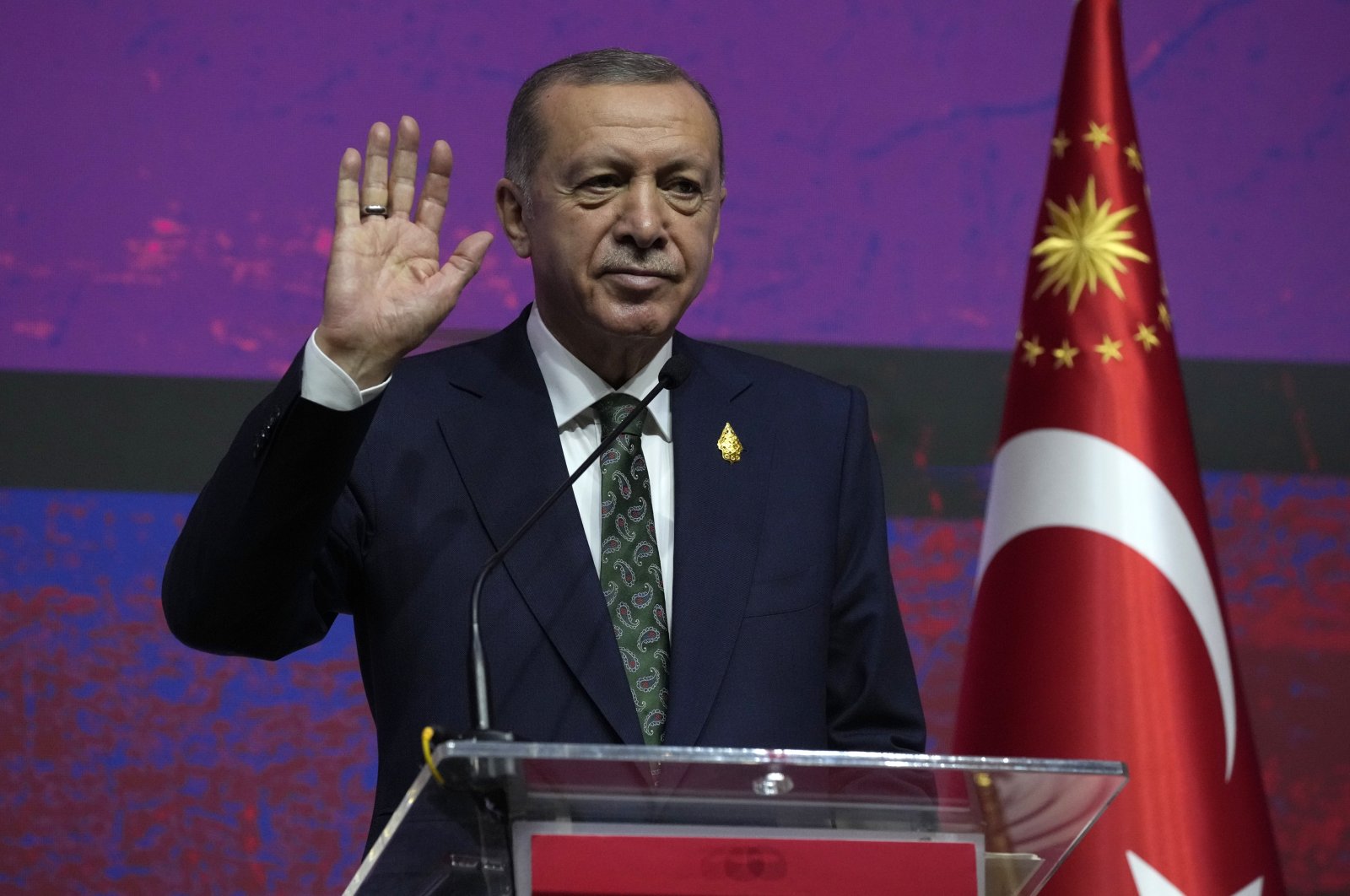 President Recep Tayyip Erdoğan gestures as he speaks during a press conference on the sidelines of the G20 Leaders&#039; Summit at Nusa Dua in Bali, Indonesia, Nov. 16, 2022. (AP Photo)