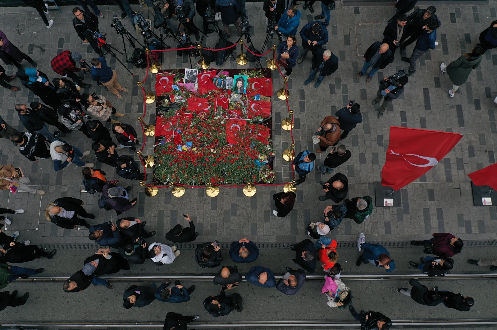 An aerial view of the scene of the attack, now adorned by flowers left by visitors, in Istanbul, Türkiye, Nov. 17, 2022. (AA Photo)