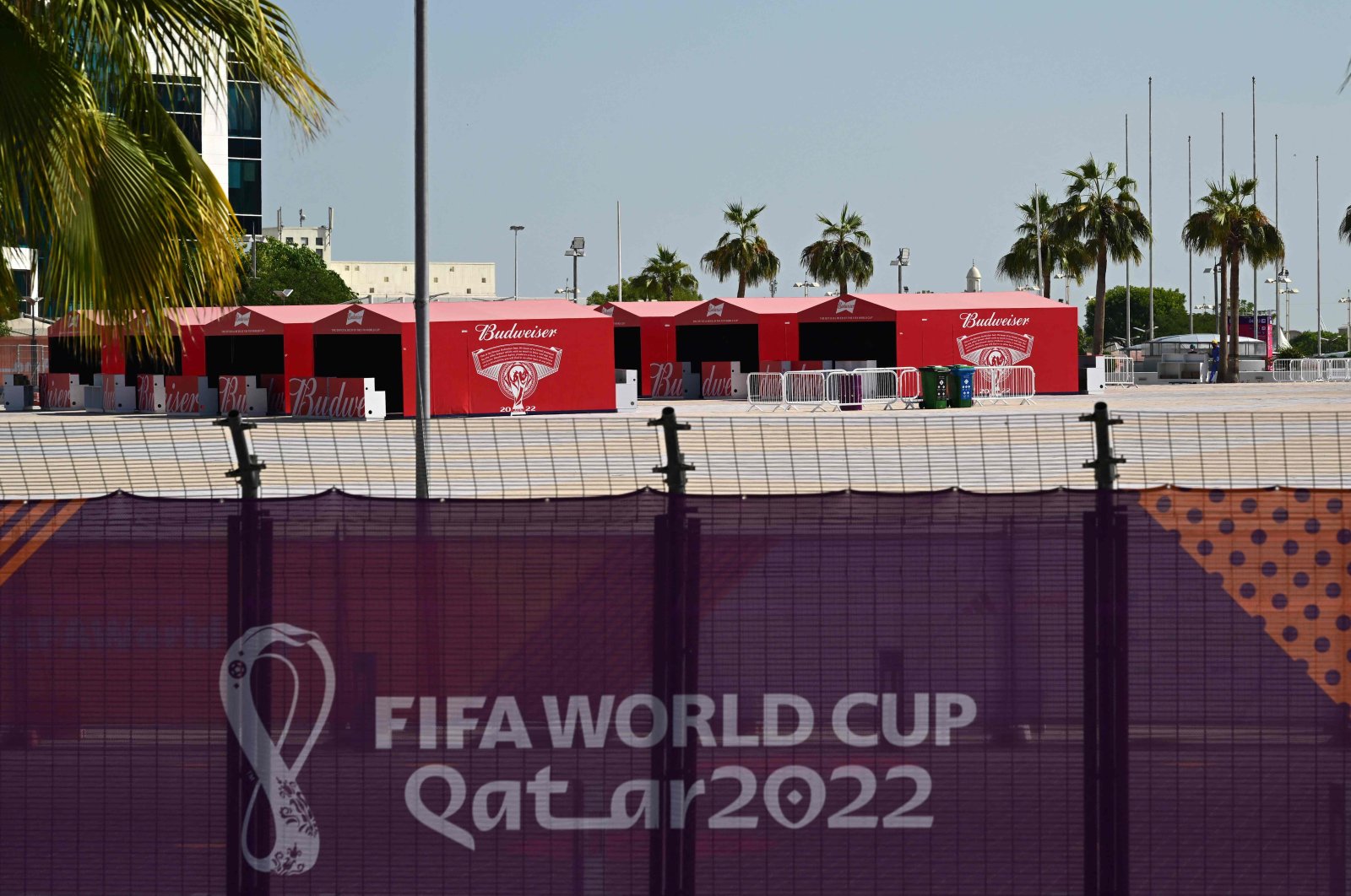 Budweiser beer kiosks are pictured at the Khalifa International Stadium, Doha, Qatar, Nov. 18, 2022. (AFP Photo)