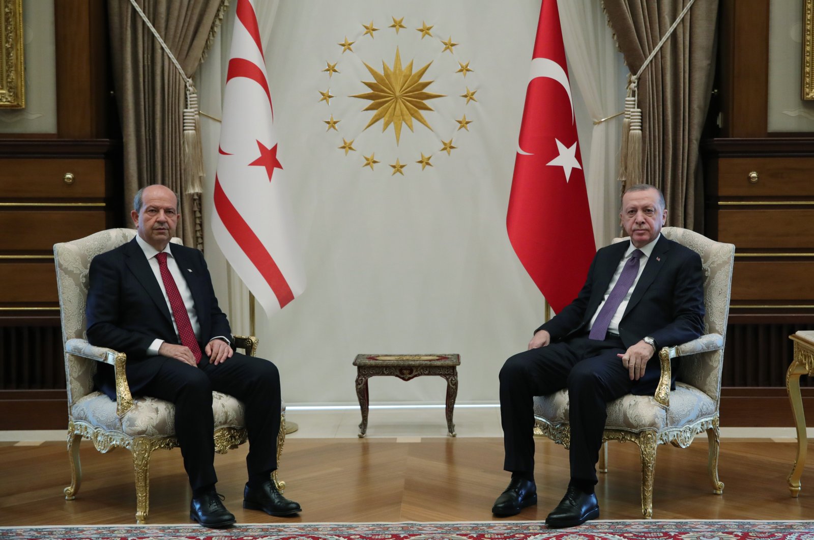 President Recep Tayyip Erdoğan meets with Turkish Cyprus President Ersin Tatar in Ankara, Türkiye, April 24, 2021. (AA File Photo)