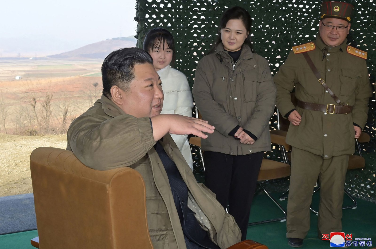 This picture taken on Nov. 18, 2022, and released by North Korea&#039;s official Korean Central News Agency (KCNA) on Nov. 19, 2022 shows North Korea&#039;s leader Kim Jong Un (Left), with his wife Ri Sol Ju (2nd Right) and his daughter (2nd Left-behind), as they attend the test-firing of the new intercontinental ballistic missile (ICBM) "Hwasong Gun 17" type at an undisclosed location in North Korea. (Photo by KCNA VIA KNS / AFP)