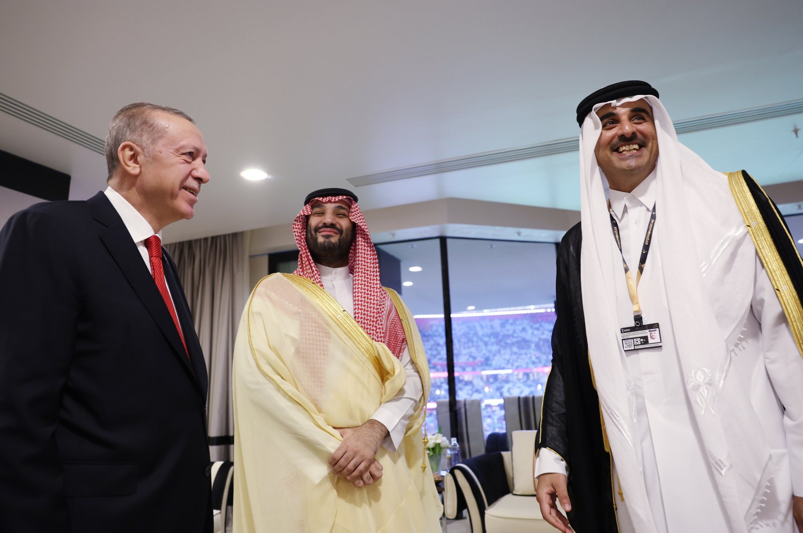 President Recep Tayyip Erdoğan (L) meets Qatari Emir Sheikh Tamim bin Hamad Al Thani (R) and Saudi Crown Prince Mohammed bin Salman before the World Cup opening ceremony, Doha, Qatar, Nov. 20, 2022. (AA Photo)