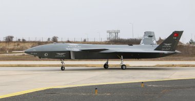 The National Unmanned Combat Aerial Vehicle System (C), named Kızılelma, is seen on a runway at an air base in northwestern Tekirdağ province, Türkiye, Nov. 20, 2022. (AA Photo)