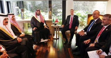 President Recep Tayyip Erdoğan (R) meets with Saudi Arabia Crown Prince Mohammed bin Salman (L) on the sidelines of the G-20 leaders' summit in Nusa Dua, on the Indonesian resort island of Bali, Nov. 15, 2022. (AA Photo)