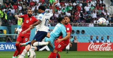 Iran's Alireza Beiranvand collides with Majid Hosseini in FIFA World Cup Qatar 2022 - Group B game at the Khalifa International Stadium, Doha, Qatar, Nov. 21, 2022 (Reuters Photo)