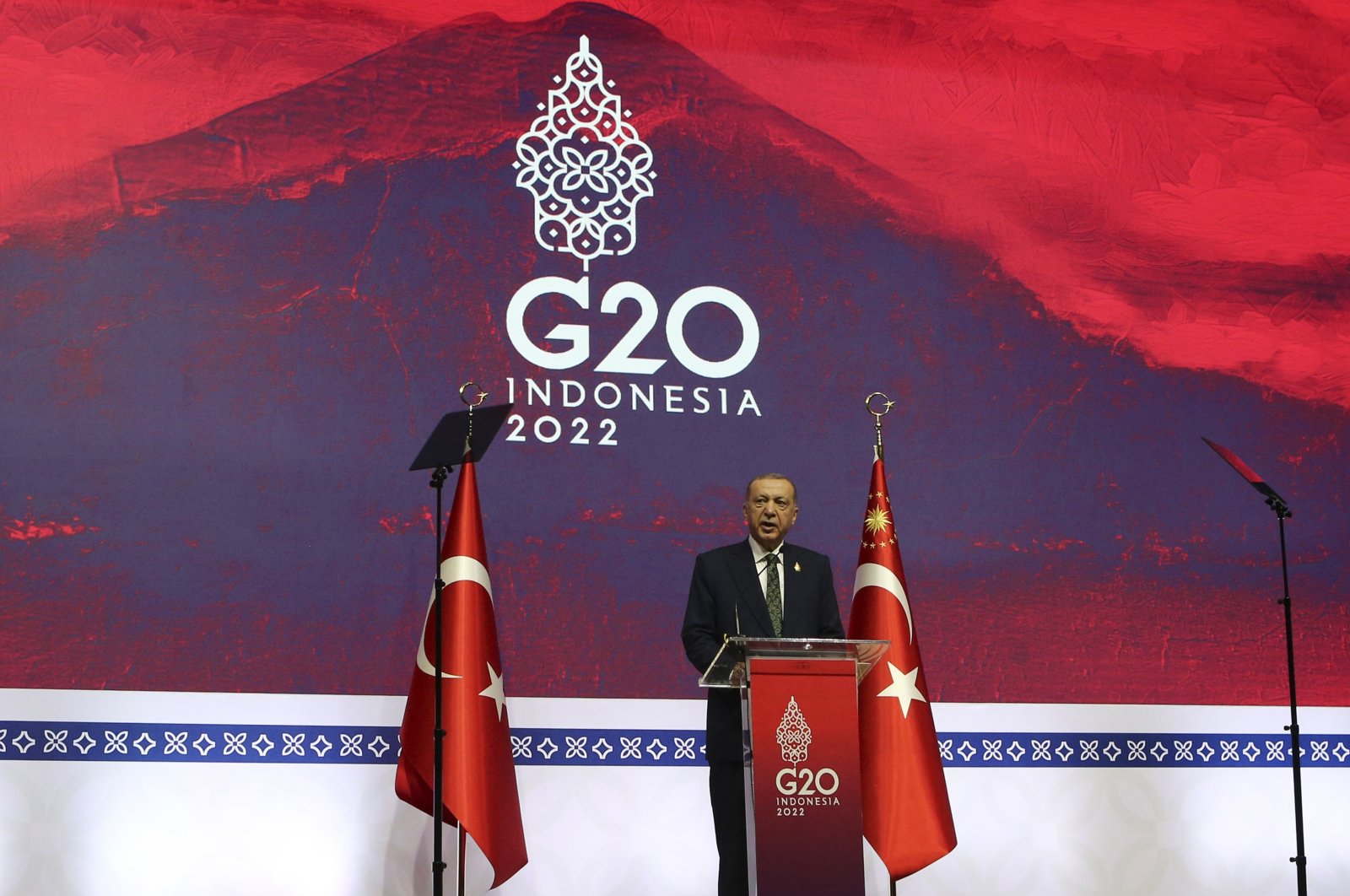 President Recep Tayyip Erdoğan gestures as he speaks during a press conference on the sidelines of the G-20 Leaders&#039; Summit at Nusa Dua in Bali, Indonesia, Nov. 16, 2022. (AP Photo)