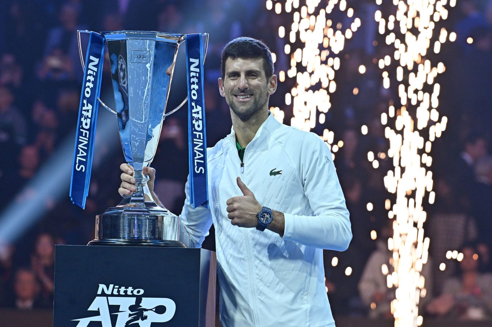 Novak Djokovic of Serbia celebrates after winning against Casper Ruud of Norway the singles final of the Nitto ATP Finals 2022 tennis tournament at the Pala Alpitour arena. Turin, Italy, Nov. 20 2022. (EPA Photo)