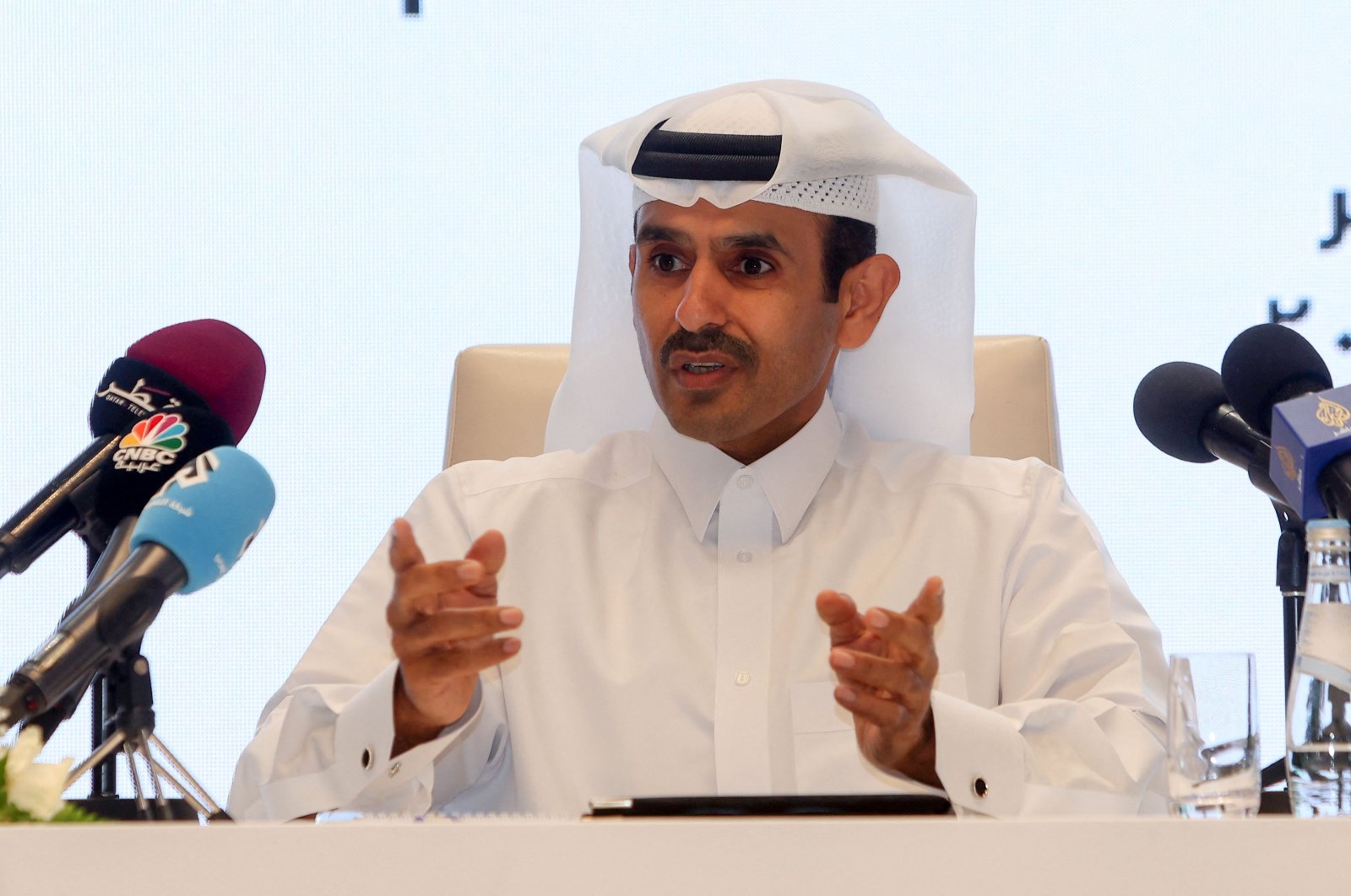 Qatar&#039;s Minister of State for Energy Affairs and President and CEO of QatarEnergy Saad Sherida Al Kaabi speaks at a press conference in Doha, Qatar, Oct. 30, 2022. (AFP Photo)