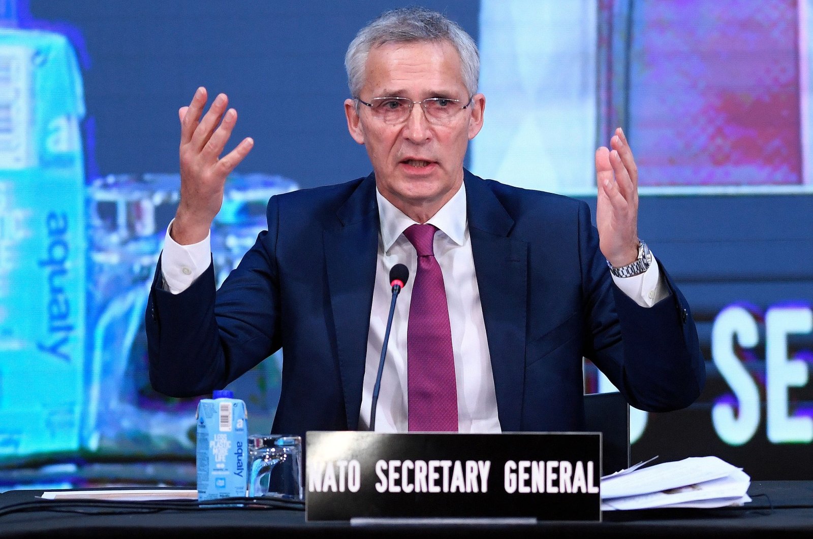 NATO Secretary-General Jens Stoltenberg gestures as he speaks during a NATO Parliamentary Assembly annual session held in Madrid, Spain, Nov. 21, 2022. (AFP Photo)