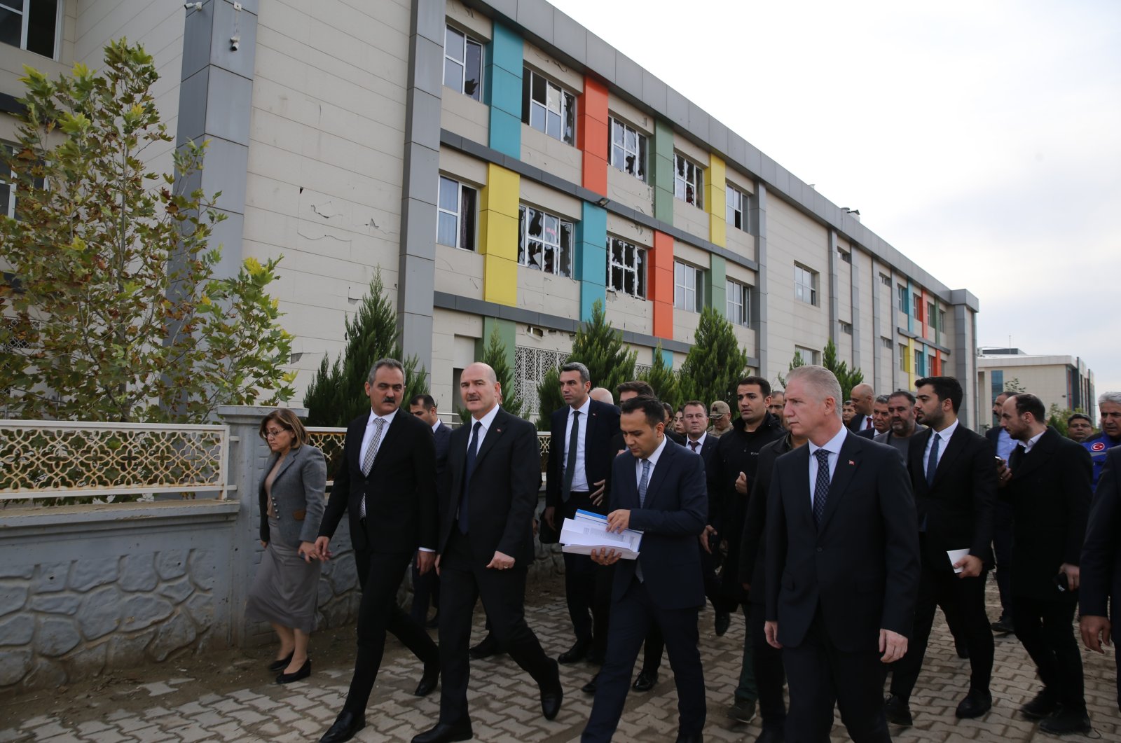 Interior Minister Süleyman Soylu and Education Minister Mahmut Özer visit the school targeted in YPG/PKK terrorist attack on Monday, Nov. 21, 2022. (AA Photo)