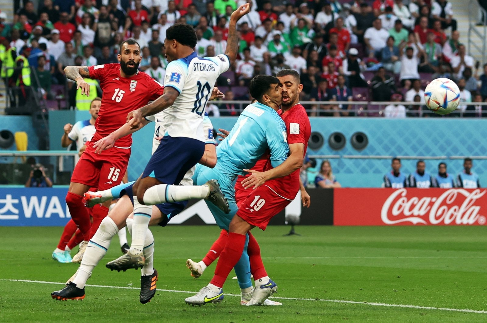 Iran&#039;s Alireza Beiranvand collides with Majid Hosseini in FIFA World Cup Qatar 2022 - Group B game at the Khalifa International Stadium, Doha, Qatar, Nov. 21, 2022 (Reuters Photo)