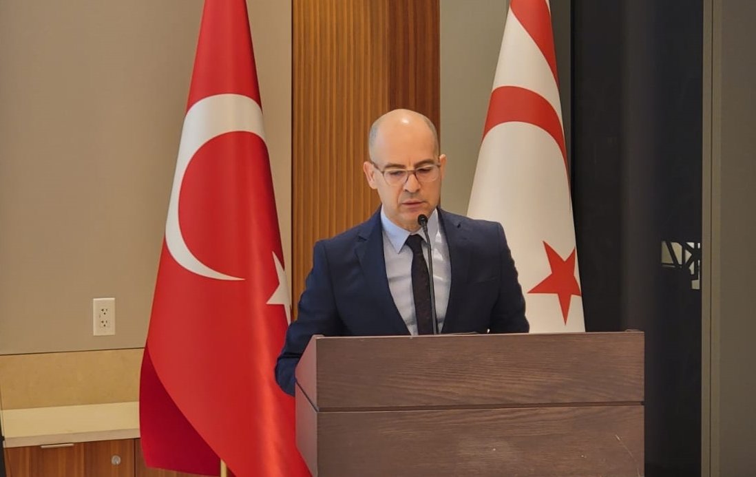 The Turkish Republic of Northern Cyprus’ (TRNC) New York Representative Mehmet Dana speaks at an event marking the 39th anniversary of the TRNC&#039;s foundation at the Turkish House (Türkevi) in New York City, U.S., Nov. 22, 2022. (AA Photo)