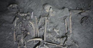 The complete skeletal remains of a 1,700-year-old female spider monkey that was found in Teotihuacan, Mexico, Nov. 21, 2022. (AFP Photo)