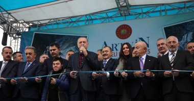 President Recep Tayyip Erdoğan speaks at the inauguration ceremony of the Yusufeli HEPP, Artvin, Türkiye, Nov. 22, 2022. (DHA Photo)
