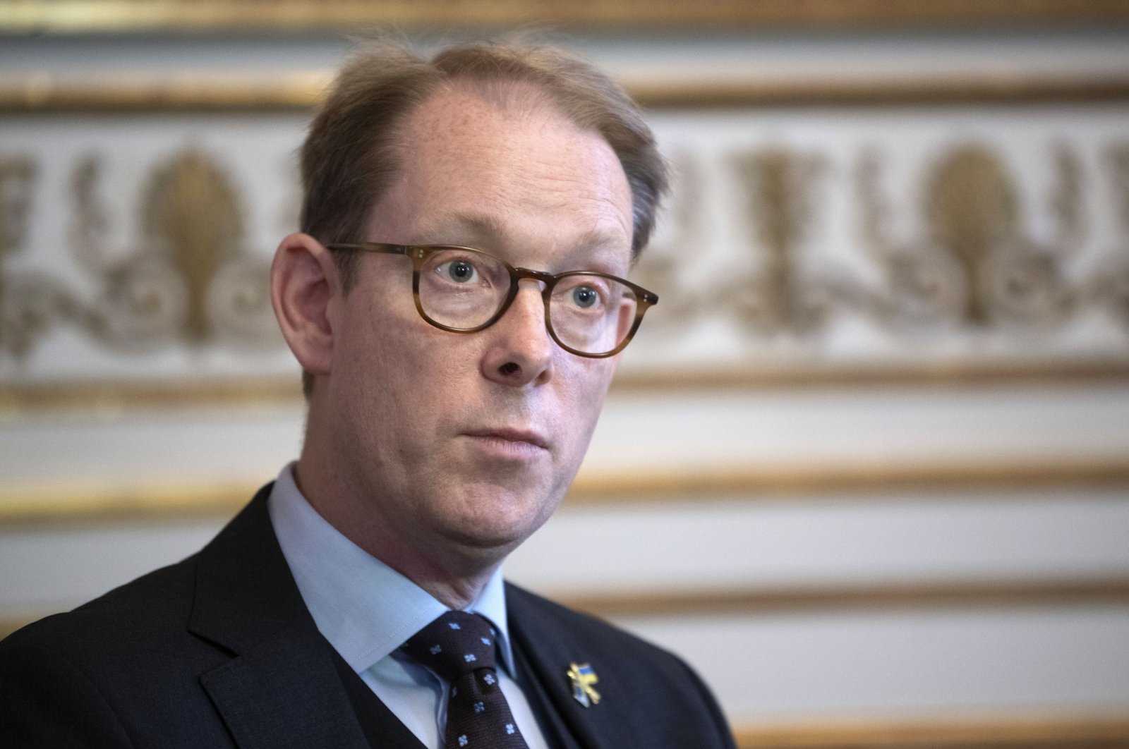 Swedish Foreign Minister Tobias Billstrom is interviewed at the Ministry of Foreign Affairs in Stockholm, Sweden, Oct. 24, 2022. (AP Photo)