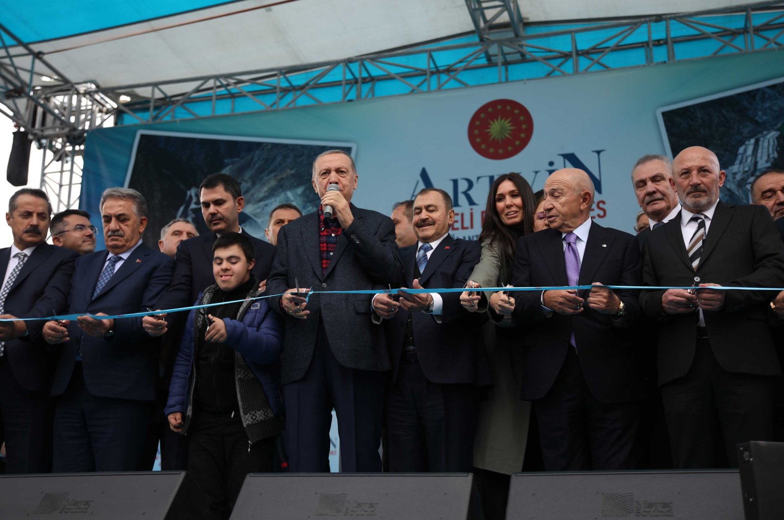 President Recep Tayyip Erdoğan speaks at the inauguration ceremony of the Yusufeli HEPP, Artvin, Türkiye, Nov. 22, 2022. (DHA Photo)
