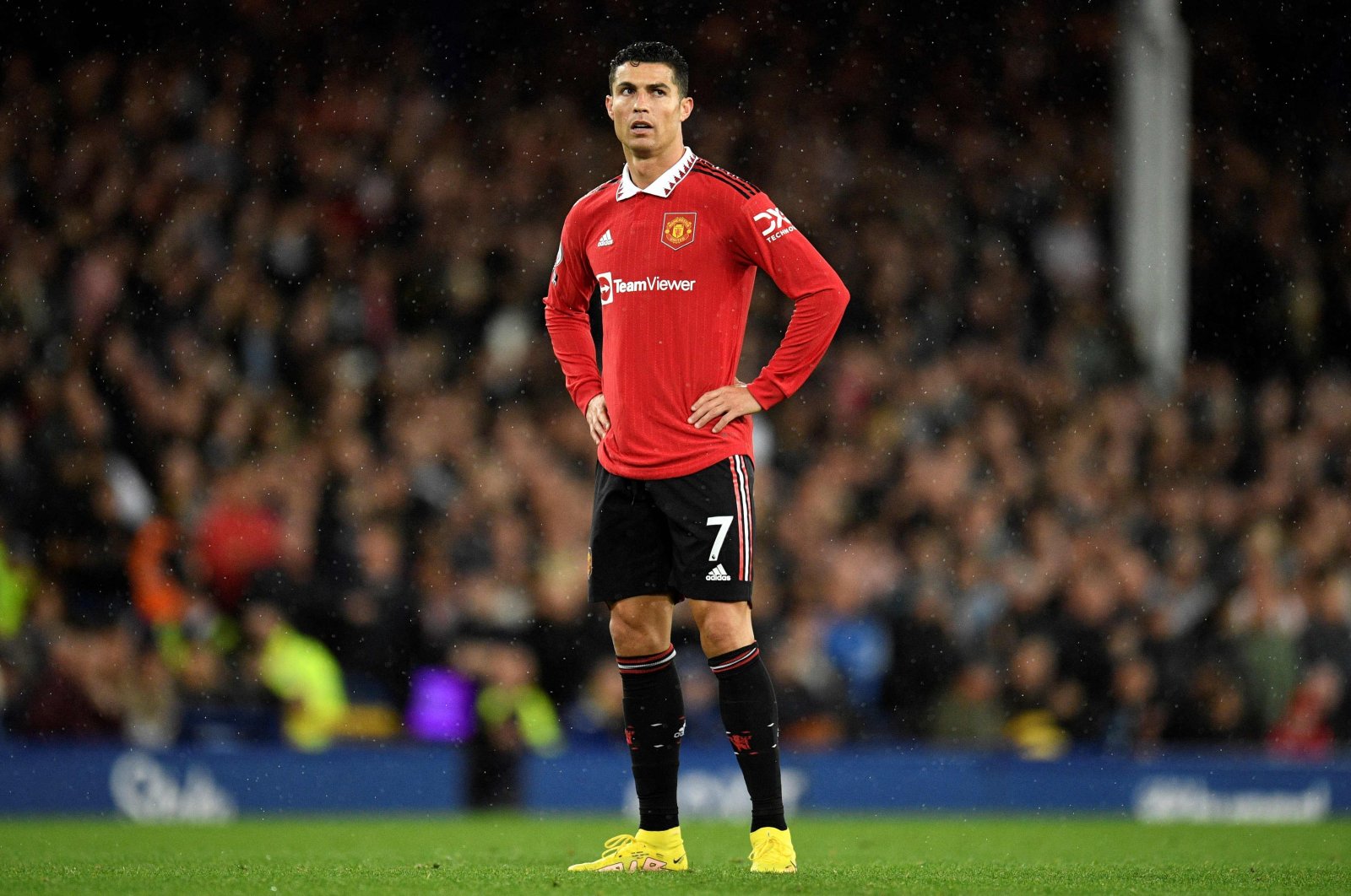 Manchester United&#039;s Portuguese striker Cristiano Ronaldo looks on during the Premier League match between Everton and Manchester United at Goodison Park in Liverpool, U.K., Oct. 9, 2022. (AFP Photo)