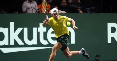 Australian tennis player Alex de Minaur in action against Dutch Botic van de Zandschulp during their Davis Cup quarterfinal tie between Australia and Netherlands held at Martin Carpena, Malaga, Andalusia, Spain, Nov. 22, 2022. (EPA Photo)