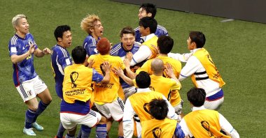 Ritsu Doan (C) of Japan celebrates scoring the equalizer during the FIFA World Cup 2022 group E soccer match between Germany and Japan at Khalifa International Stadium in Doha, Qatar, Nov. 23, 2022. (EPA Photo)