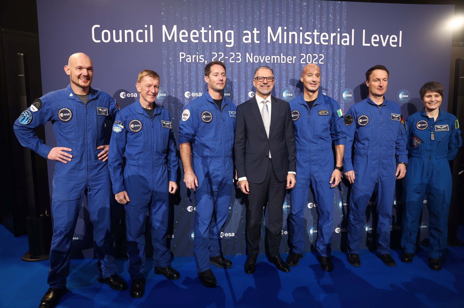 European Space Agency (ESA) General Director Josef Aschbacher (C) poses for a photograph with agency&#039;s astronauts prior an ESA Council Meeting in Paris, France, Nov., 22, 2022. (EPA Photo)
