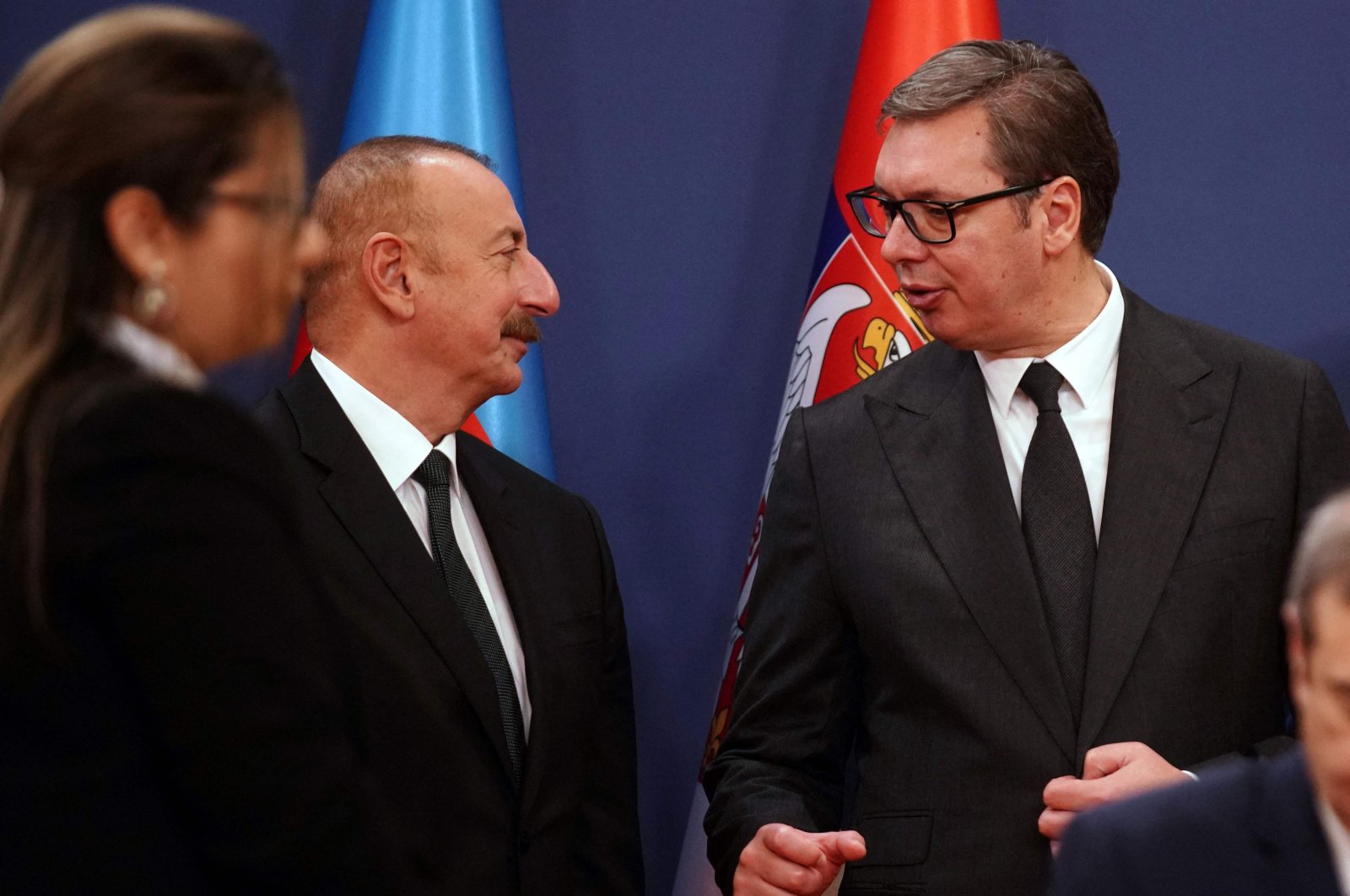 Serbian President Aleksandar Vucic (R) talks with his Azerbaijani counterpart Ilham Aliyev on the sidelines of a press conference at the Palace Of Serbia in Belgrade, Serbia, Nov. 23, 2022. (AFP Photo)
