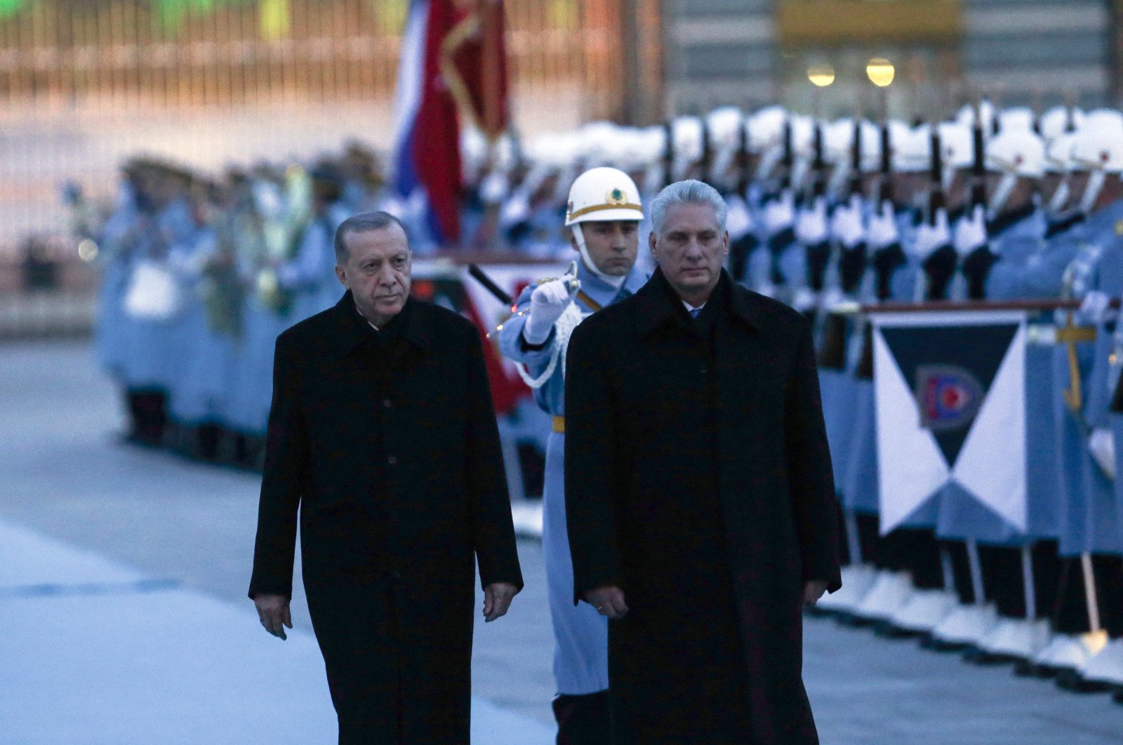 President Recep Tayyip Erdoğan (L) and Cuban President Miguel Diaz-Canel Bermudez (R) review a honor guard during a welcome ceremony at the Presidential Palace in Ankara, Türkiye, Nov. 23, 2022. (EPA Photo)