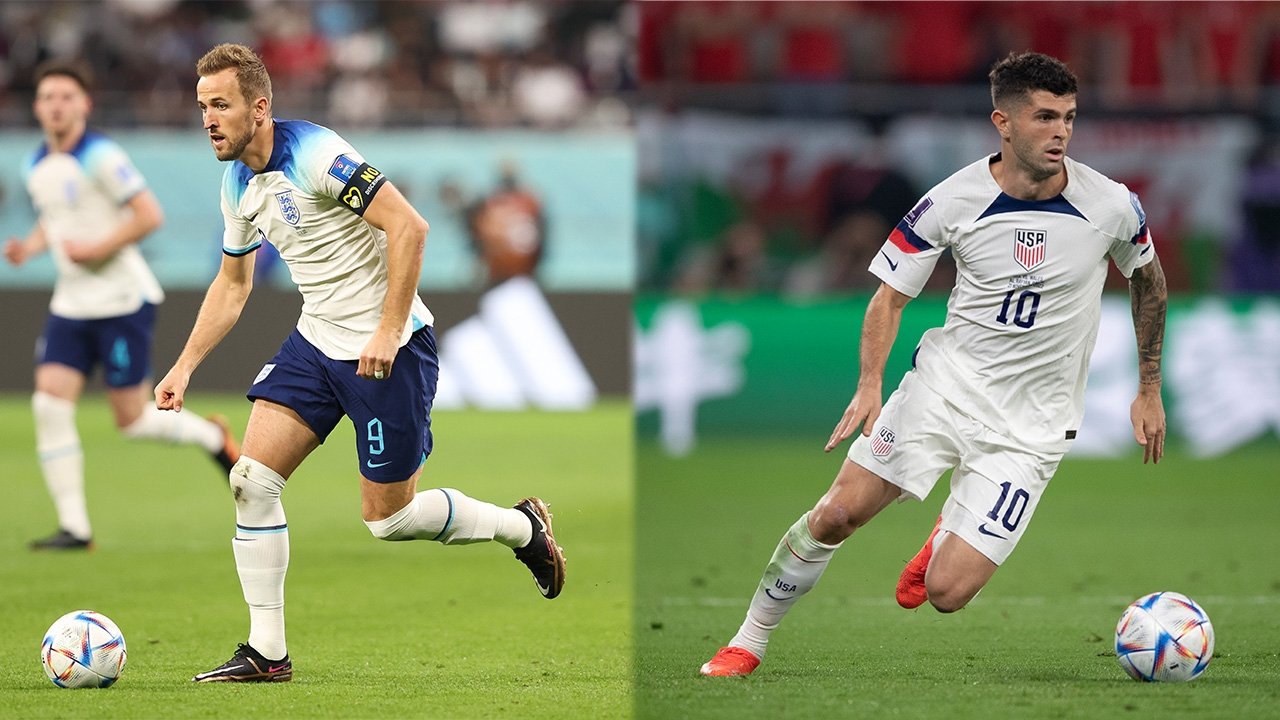 Collage of England captain Harry Kane (L) and U.S. star Christian Pulisic in action. (Getty Images Photo)