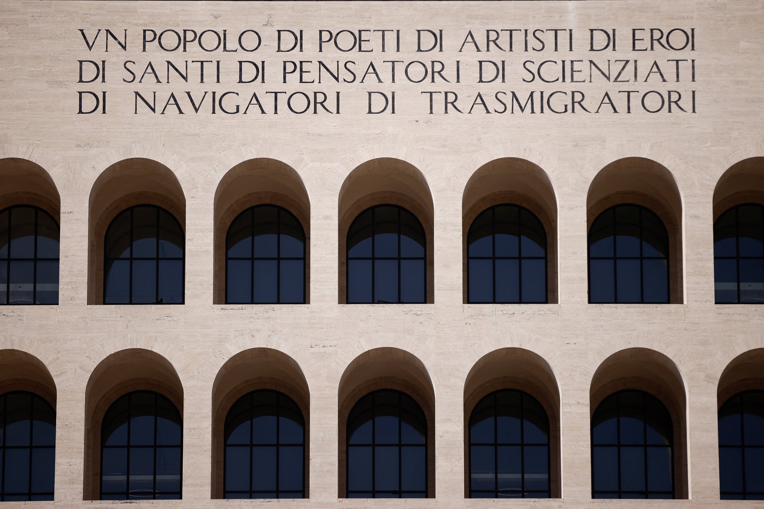 The words of fascist leader Benito Mussolini are carved on the facade of the "Palazzo della Civilta Italiana" also known as "Square Colosseum" in the EUR neighborhood known for its fascist architecture in Rome, Italy, Oct. 19, 2022. (Reuters Photo)