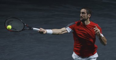 Croatia's Marin Cilic in action during the Davis Cup quarterfinal match between Spain and Croatia in Malaga, Spain, Nov. 23, 2022.  (EPA Photo)