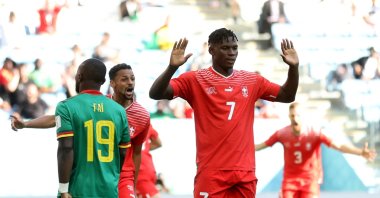 Switzerland&#039;s Breel Embolo celebrates scoring their first goal in the Group G match between Switzerland and Cameroon at Al Janoub Stadium, Al Wakrah, Qatar, Nov. 24, 2022. (Reuters Photo)