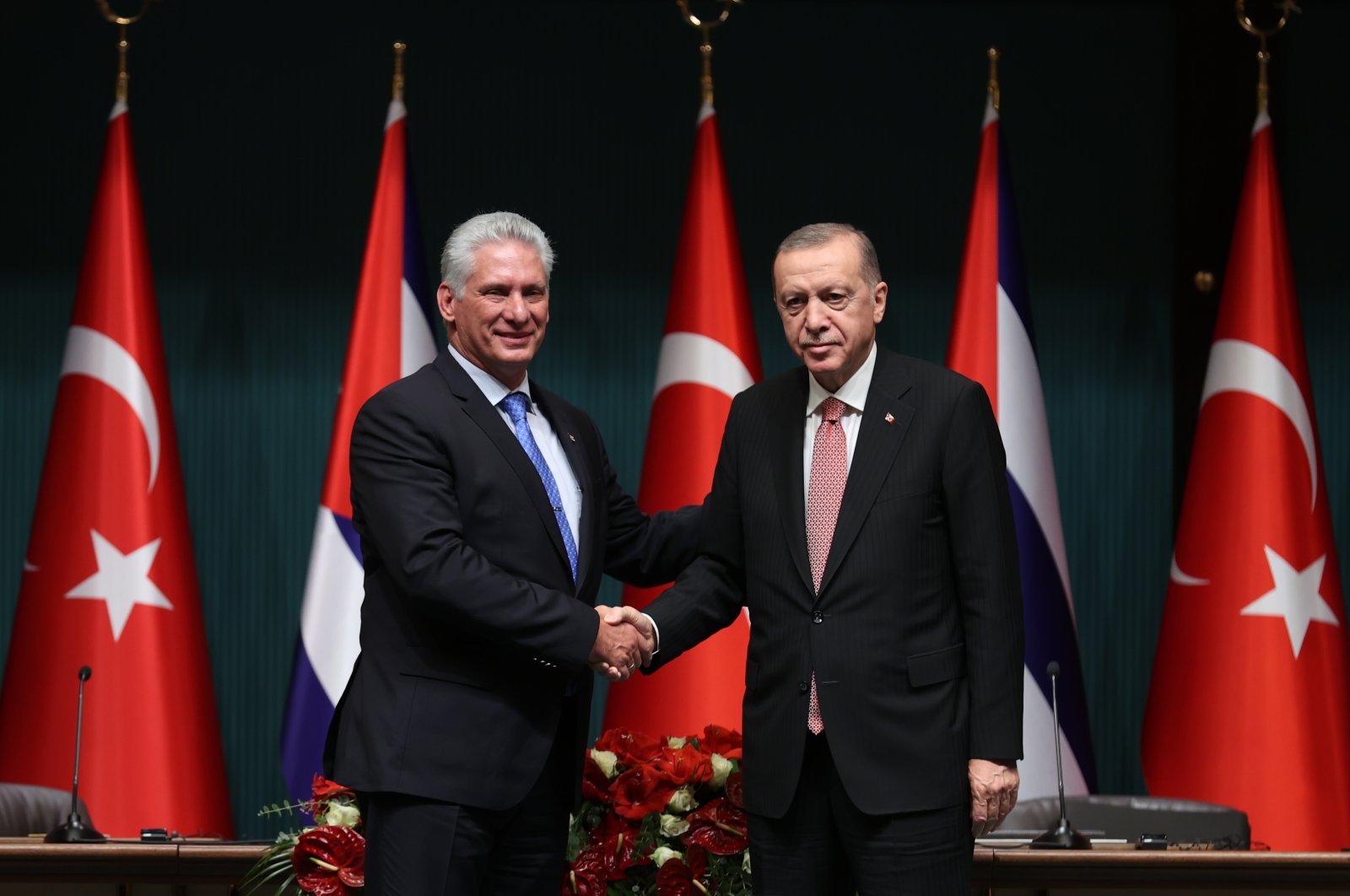 President Recep Tayyip Erdoğan (R) is seen during a joint press conference with his Cuban counterpart Miguel Diaz-Canel at the presidential complex in the capital Ankara, Türkiye, Nov. 23, 2022 (DHA Photo)
