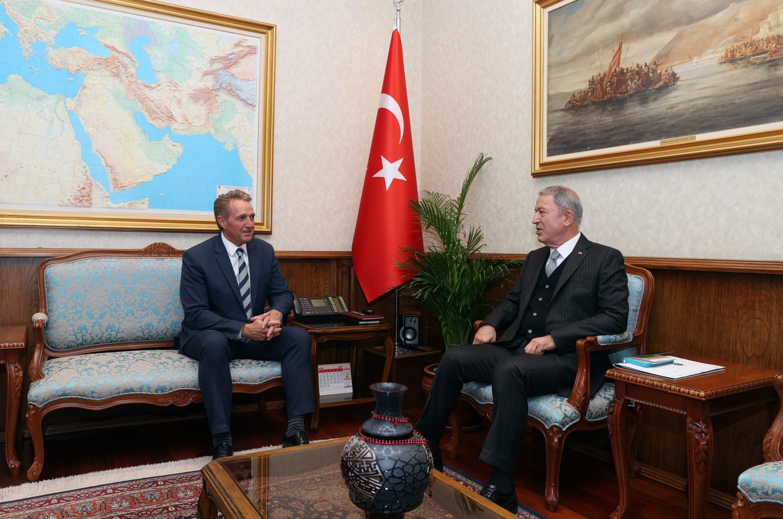 Defense Minister Hulusi Akar receives U.S. Ambassador to Ankara Jeffry Flake in the capital Ankara, Türkiye, Nov. 24, 2022. (AA Photo)