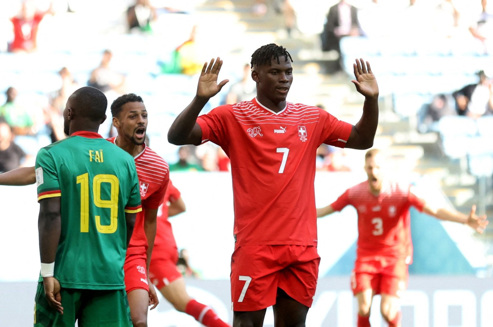 Switzerland&#039;s Breel Embolo celebrates scoring their first goal in the Group G match between Switzerland and Cameroon at Al Janoub Stadium, Al Wakrah, Qatar, Nov. 24, 2022. (Reuters Photo)