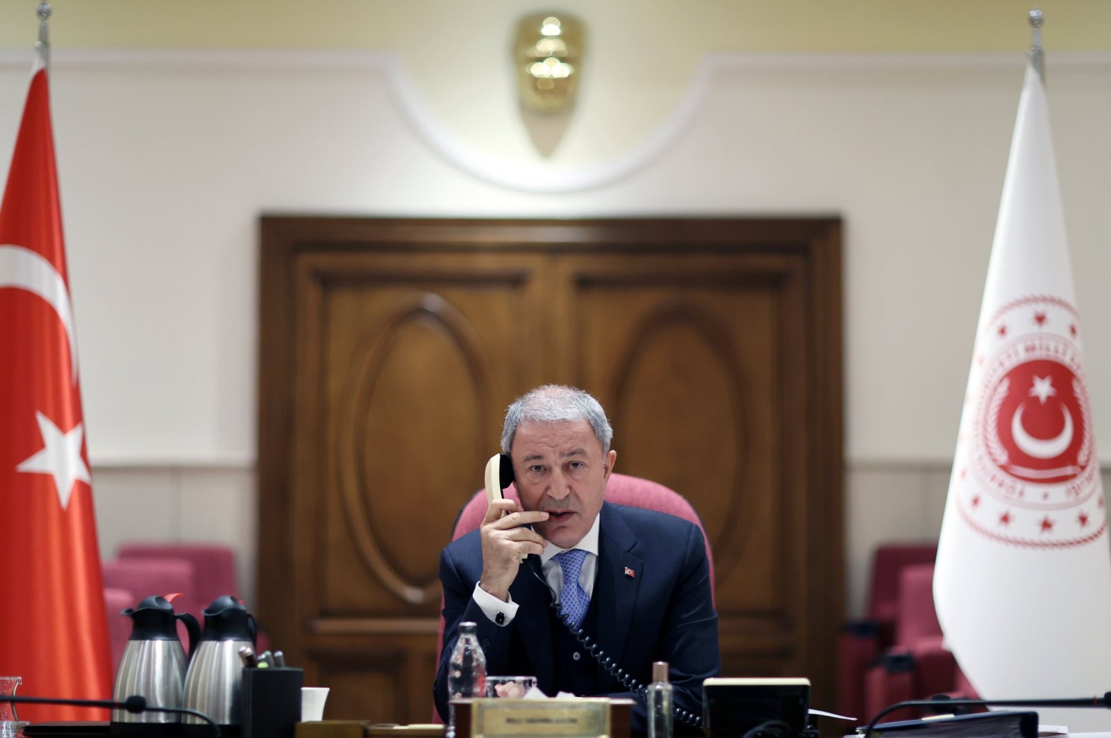Defense Minister Hulusi Akar speaks with his Russian counterpart in a phone call in Ankara, Oct. 31, 2022. (AA Photo)