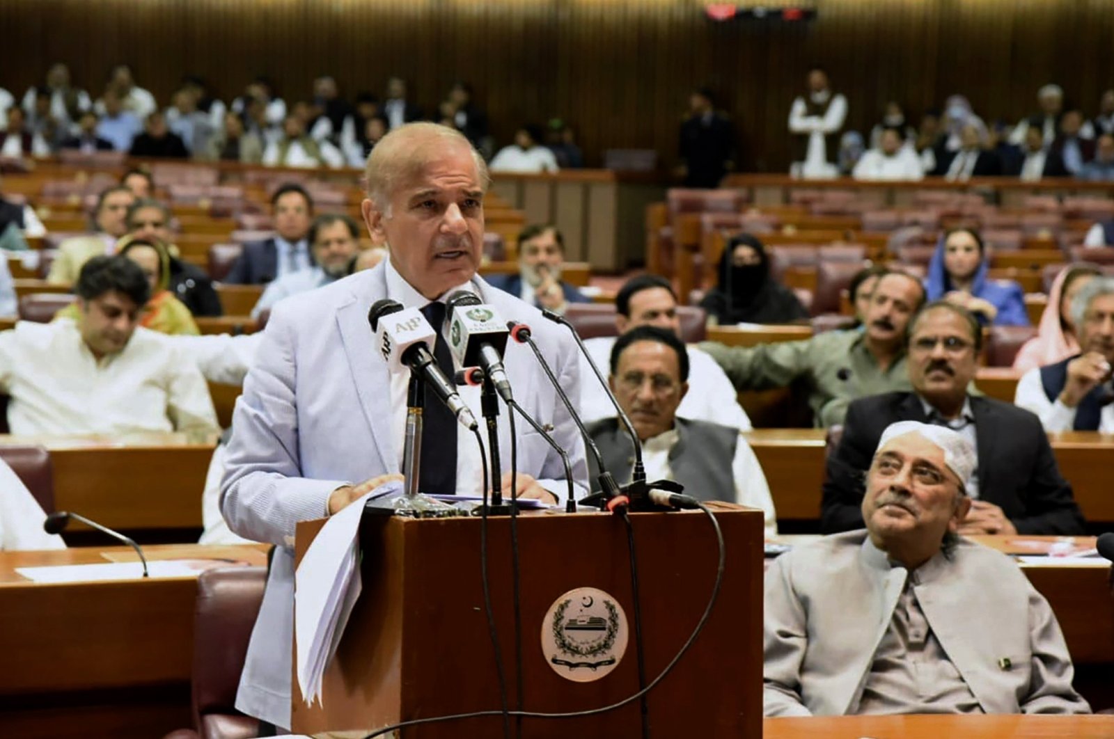 Pakistani Prime Minister Shahbaz Sharif addresses the National Assembly in Islamabad, Pakistan, April 11, 2022. (AP Photo)