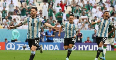 Argentina's Lionel Messi celebrates after scoring the 1-0 penalty goal in the FIFA World Cup 2022 Group C match between Argentina and Saudi Arabia at Lusail Stadium, Lusail, Qatar, Nov. 22, 2022. (EPA Photo)
