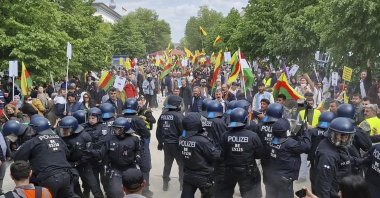 PKK supporters demonstrate against Turkish policy and briefly clash with police in Berlin, Germany, May 14, 2022. (AP Photo)