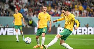 Craig Goodwin of Australia scores the team's first goal during the FIFA World Cup Qatar 2022 Group D match between France and Australia at Al Janoub Stadium, Al Wakrah, Qatar, Nov. 22, 2022. (Getty Images Photo)