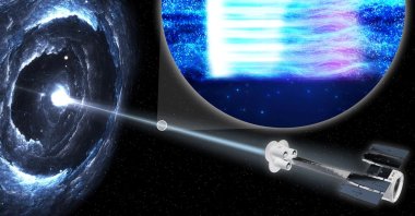 An illustration shows the IXPE spacecraft observing a blazar, a black hole surrounded by a disk of gas and dust with a bright jet of high-energy particles pointed toward Earth. (Reuters Photo)
