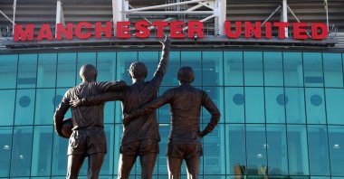 General view of the United Trinity statue outside Old Trafford, Manchester, England. (Reuters Photo)