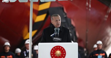 President Recep Tayyip Erdoğan speaks during the ceremony held for Turkish-built vessels for the Pakistani Navy in Istanbul, Türkiye, Nov. 25, 2022. (AA Photo)