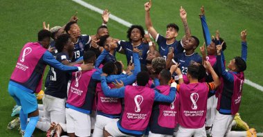 Ecuador players celebrate after Enner Valencia scored his team's first goal during the Qatar 2022 World Cup Group A football match between the Netherlands and Ecuador, at the Khalifa International Stadium, in Doha, Qatar, Nov. 25, 2022. (AFP Photo)