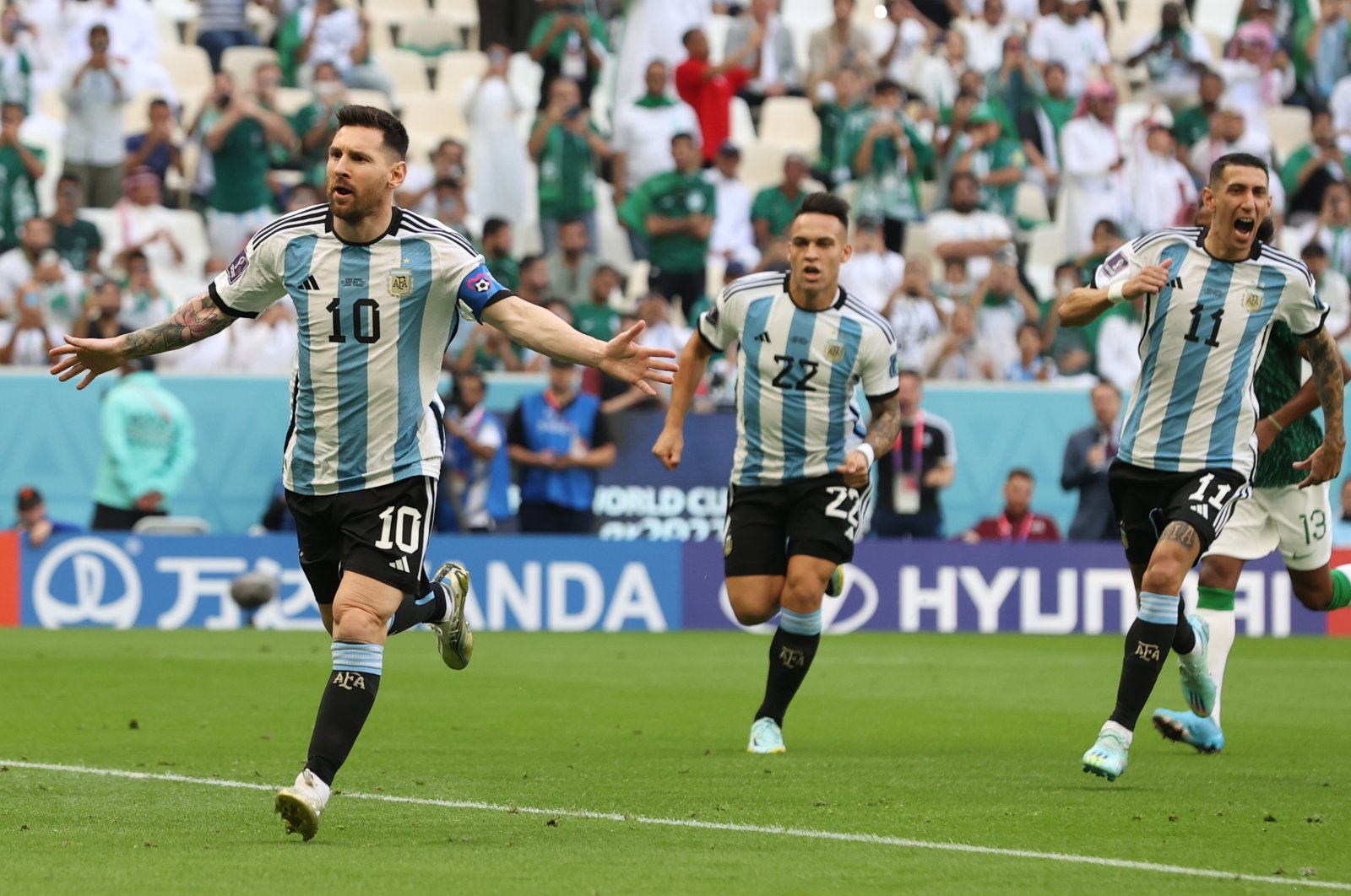 Argentina&#039;s Lionel Messi celebrates after scoring the 1-0 penalty goal in the FIFA World Cup 2022 Group C match between Argentina and Saudi Arabia at Lusail Stadium, Lusail, Qatar, Nov. 22, 2022. (EPA Photo)