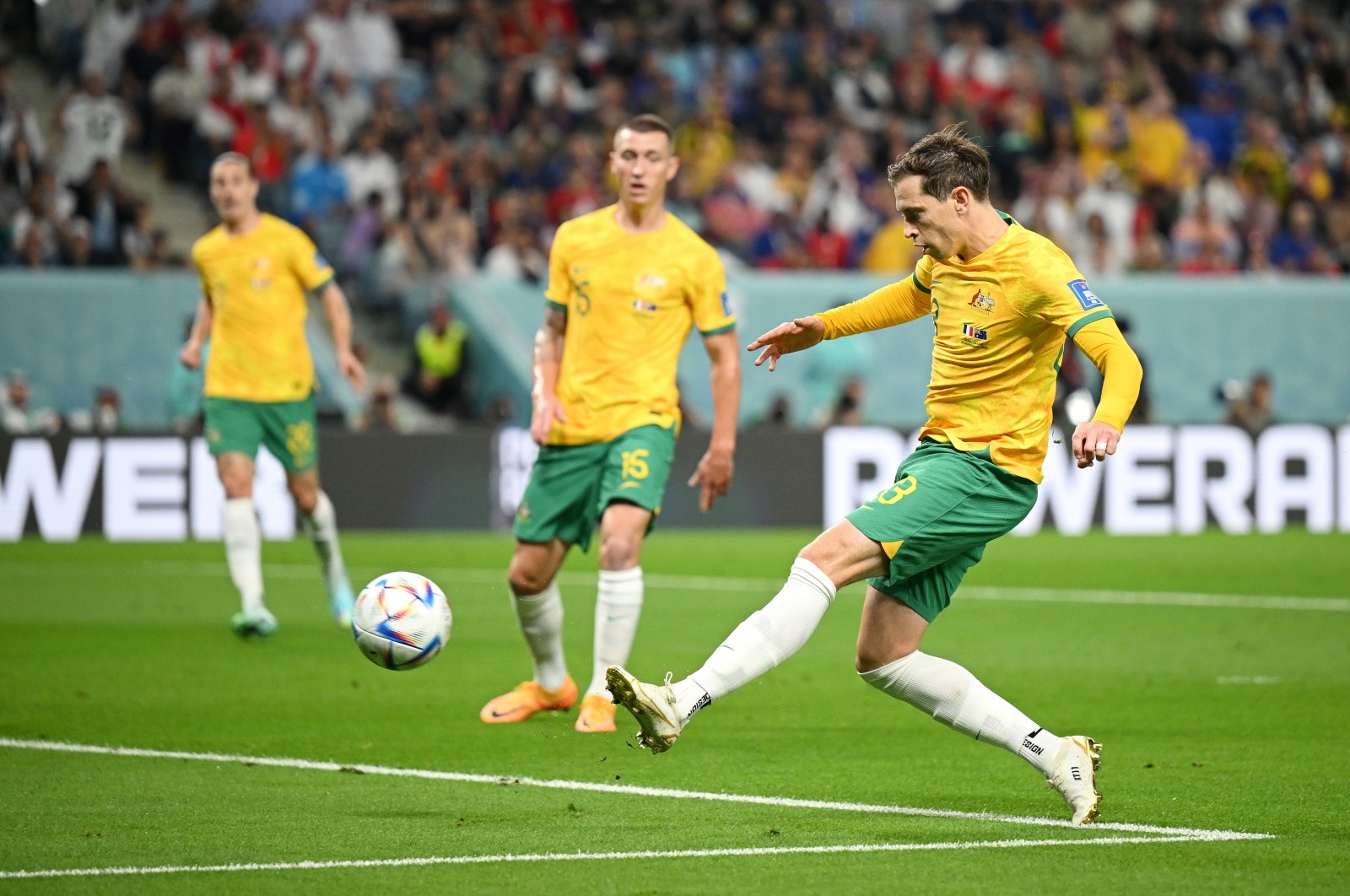Craig Goodwin of Australia scores the team&#039;s first goal during the FIFA World Cup Qatar 2022 Group D match between France and Australia at Al Janoub Stadium, Al Wakrah, Qatar, Nov. 22, 2022. (Getty Images Photo)